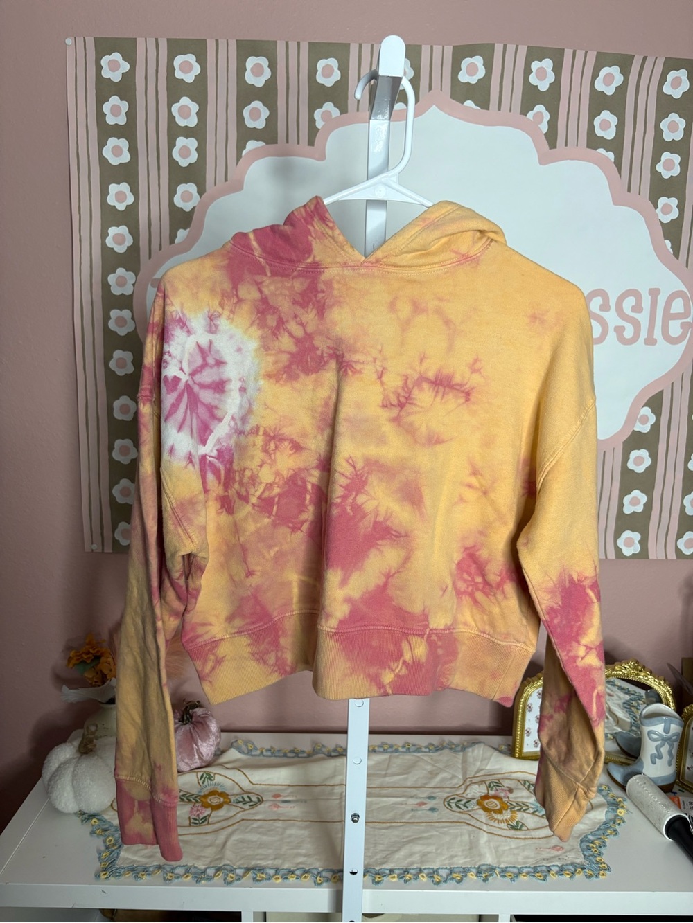 Frankie’s Bikini Tie-Dye Cropped Hoodie in Yellow and Pink 100% cotton